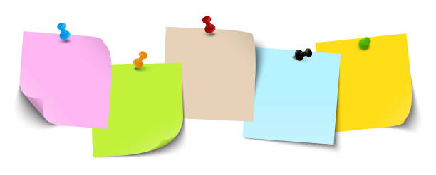 five little sticky papers with pins little sticky papers with colored pin needles and different real shadows bulletin board stock illustrations