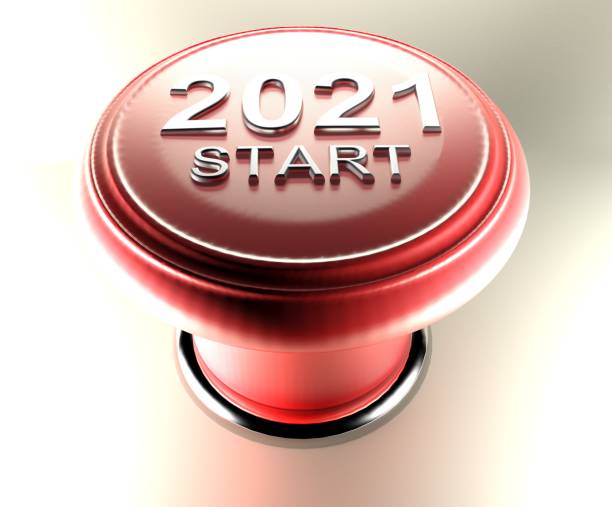 2021 START on red emergency push button - 3D rendering illustration stock photo