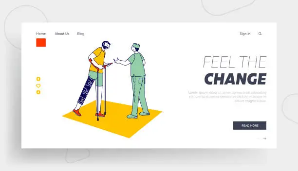 Vector illustration of Disabled Physiotherapy Landing Page Template. Correction of Lost Physical Abilities with Therapeutic Help. Injured Man Character Engaged Adaptive Physical Education. Linear People Vector Illustration