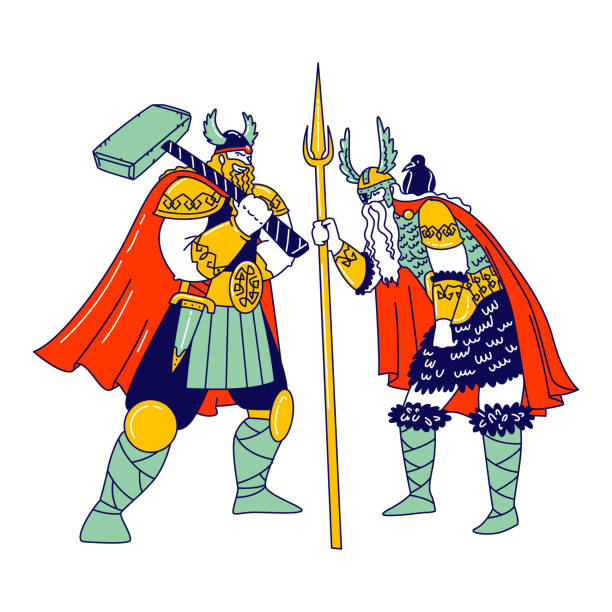 istock Viking Characters Wearing Scandinavian Dressing Holding Hammer and Spear. Nordic Mythology Heroes, Movie Actors Playing Role in Cinema Isolated on White Background. Linear People Vector Illustration 1222534150