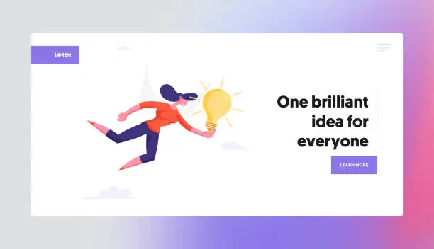 Vector illustration of Creative Idea, Muse, Business Vision, Educational Insight and Motivation Landing Page Template. Female Character with Wings and Glowing Light Bulb in Hand Flying in Sky. Cartoon Vector Illustration