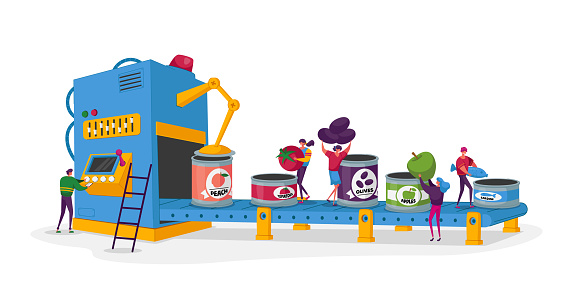 Canning Factory Working Process, Canned Fruits and Vegetables. Tiny Characters Put Fresh Veggies to Tins on Conveyor Belt. Farmers Products Manufacture Industry. Cartoon People Vector Illustration