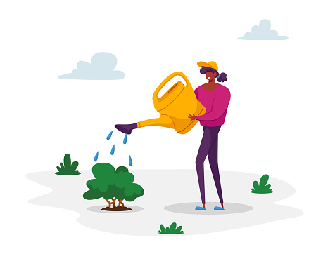 Woman Volunteer Character Care of Green Plant Watering from Can on Nature Background. Gardening Hobby, Global Warming, Environment Pollution, Global Heating Impact Concept. Cartoon Vector Illustration