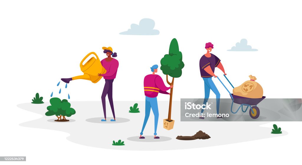 Global Warming Tiny Characters Care Of Plants To Reduce Air Pollution And  Co2 Gas Emission Man With Wheelbarrow And Sack With Recycling Sign Woman  Watering Tree Cartoon People Vector Illustration Stock Illustration -