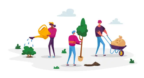 Vector illustration of Global Warming. Tiny Characters Care of Plants to Reduce Air Pollution and Co2 Gas Emission. Man with Wheelbarrow and Sack with Recycling Sign, Woman Watering Tree. Cartoon People Vector Illustration