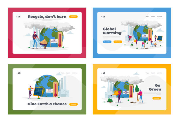 Global Warming Landing Page Template Set. Characters Care of Plants on Earth with Factory Pipes Emitting Smoke. Air Pollution, Co2 Gas Emission, High Temperature. Cartoon People Vector Illustration Global Warming Landing Page Template Set. Characters Care of Plants on Earth with Factory Pipes Emitting Smoke. Air Pollution, Co2 Gas Emission, High Temperature. Cartoon People Vector Illustration landing page illustrations stock illustrations