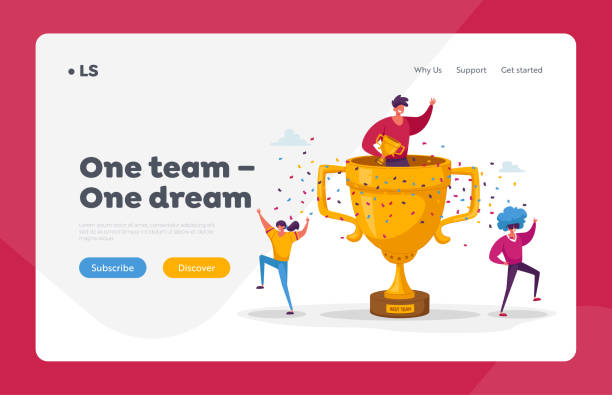 ilustrações de stock, clip art, desenhos animados e ícones de teamwork success landing page template. cheerful people characters celebrate win laughing with hands up around of huge gold cup with man sitting inside. joyful colleagues. cartoon vector illustration - internet success household equipment horizontal