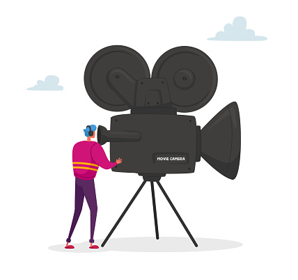 Cameraman Character Looking Through Movie Camera on Tripod Taking Video. Cinema and Cinematography Industry with Moviemaker and Videocamera. Operator Shooting Scene. Cartoon Vector Illustration