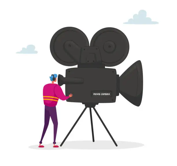 Vector illustration of Cameraman Character Looking Through Movie Camera on Tripod Taking Video. Cinema and Cinematography Industry with Moviemaker and Videocamera. Operator Shooting Scene. Cartoon Vector Illustration