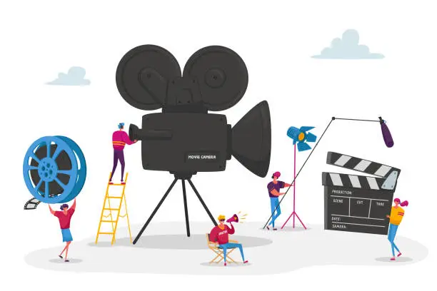 Vector illustration of Tiny Characters Making Movie. Operator Using Camera and Staff with Professional Equipment Recording Film. Director with Megaphone, People with Clapperboard and Reel Film. Cartoon Vector Illustration