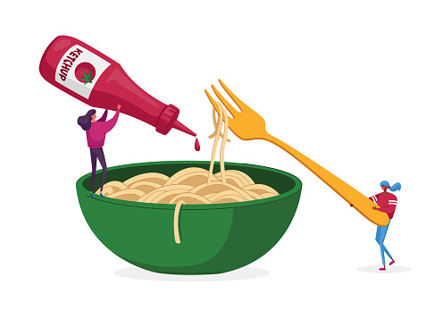 Tiny Female Characters Eating Spaghetti Pasta Pouring Ketchup Sauce from Huge Bottle on Plate and Using Fork. Macaroni Italian Cuisine, Healthy Food. Homemade Menu. Cartoon People Vector Illustration