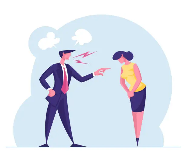 Vector illustration of Angry Furious Boss Characters Scolding and Rebuking Incompetent Female Employee. Dissatisfied Ceo Shouting on Businesswoman at Workplace, Stress Situation in Office. Cartoon People Vector Illustration