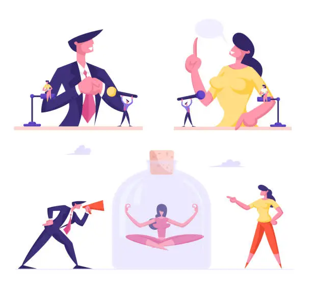 Vector illustration of Set of Male and Female Business People Performing on Political Debates at Tribunes with Microphones. Meditating Woman Avoid Stress Characters Isolated on White Background. Cartoon Vector Illustration