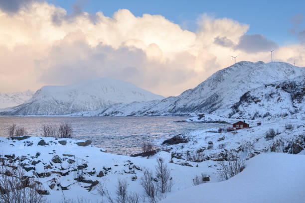 Arctic landscape of Sommaroy, Tromso municipality, Nordland, Norway Winter landscape with snow, sea, on the island of Somaroy, Arctic Ocean coast in Nordland in northern Norway sommaroy stock pictures, royalty-free photos & images