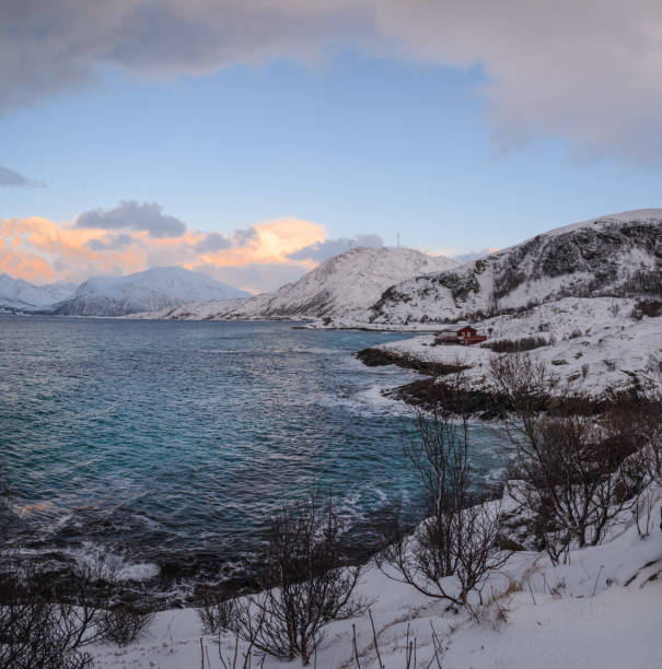 Arctic landscape of Sommaroy, Tromso municipality, Nordland, Norway Winter landscape with snow, sea, on the island of Somaroy, Arctic Ocean coast in Nordland in northern Norway sommaroy stock pictures, royalty-free photos & images