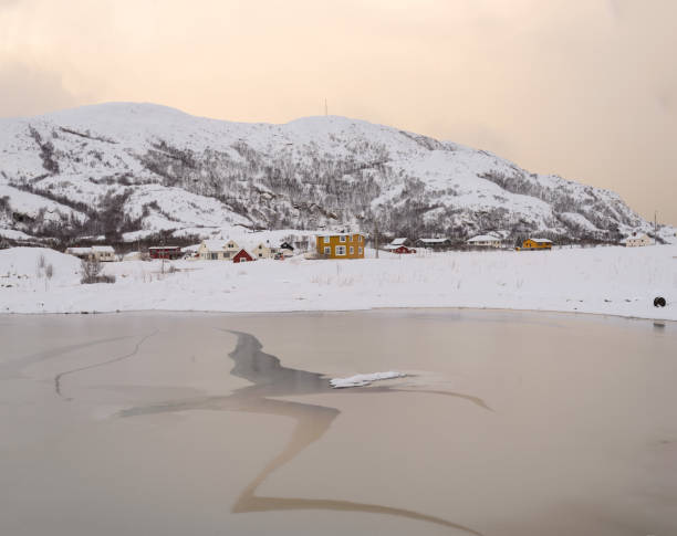 Arctic landscape of Sommaroy, Tromso municipality, Nordland, Norway Winter landscape with snow, sea, on the island of Somaroy, Arctic Ocean coast in Nordland in northern Norway sommaroy stock pictures, royalty-free photos & images