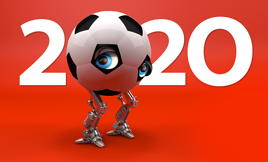 Sad soccer mascot is waiting in front of 2020 logo. Cute mascot waiting for the opening of sports leagues closed with the threat of Coronavirus.