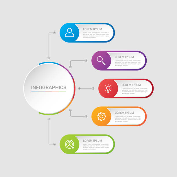 ilustrações, clipart, desenhos animados e ícones de visualização de dados de negócios, modelo infográfico com 5 passos em fundo cinza, ilustração vetorial - 4679