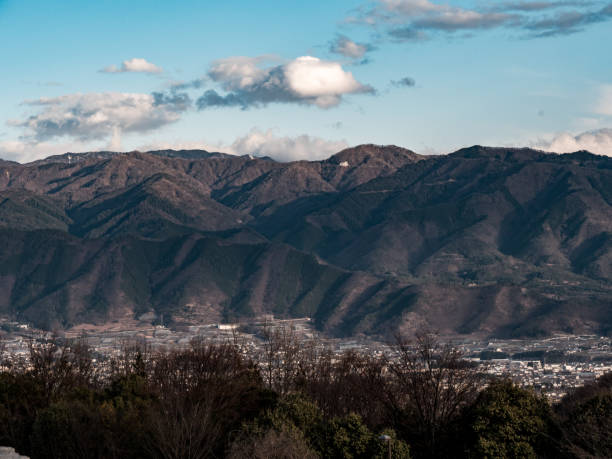 istock Sweeping views of a small Japanese town surrounded by mountains 1222536103