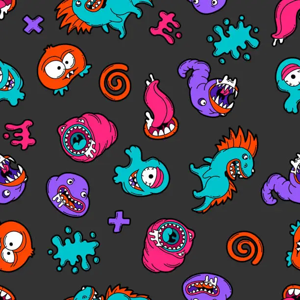 Vector illustration of Seamless pattern with cartoon monsters.