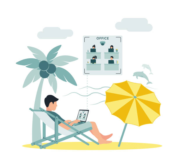 istock Illustration of video surveillance. Remote access. Remote video surveillance. A man sits on the beach and remotely monitors employees 1222541826