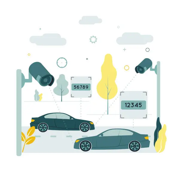 Vector illustration of Illustration of video surveillance. Recognition of numbers. Video tracking. Camcorders capture cars on the road and recognize numbers.