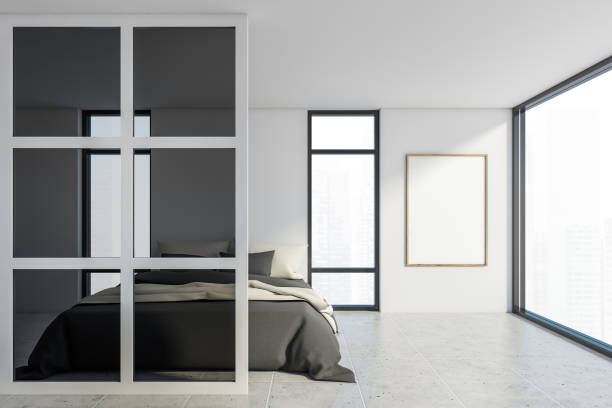 istock Panoramic white and glass master bedroom, poster 1222542294