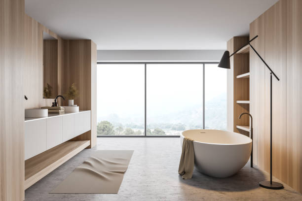istock Panoramic white and wooden bathroom interior 1222542438