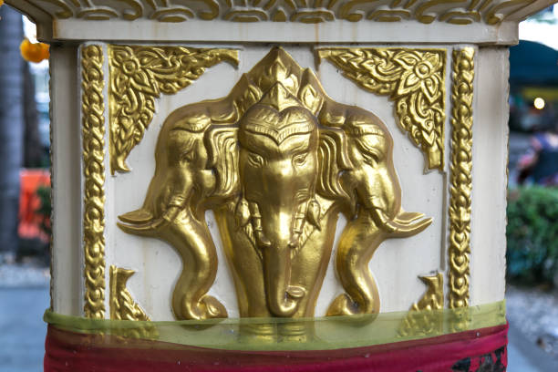 Gable of temple building at Wat Lat Phrao in Bangkok located at Wanghin Road in districty Lat Phrao. In gable is the Airavata (Erawan in Thai) three-headed elephant transporting god Indra from Hinduism