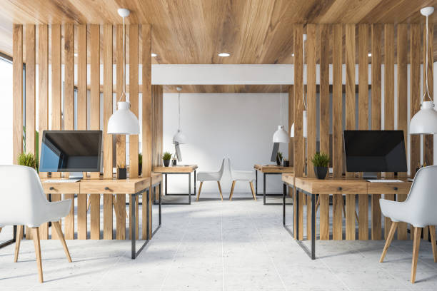 istock Wooden and white open space office interior 1222543273