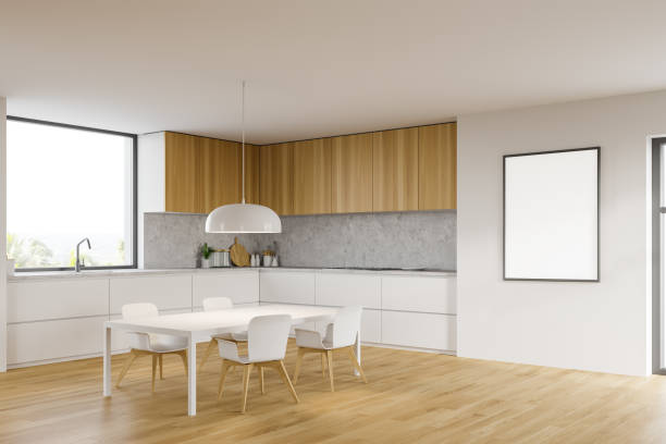 istock White and wooden kitchen corner, table and poster 1222543323