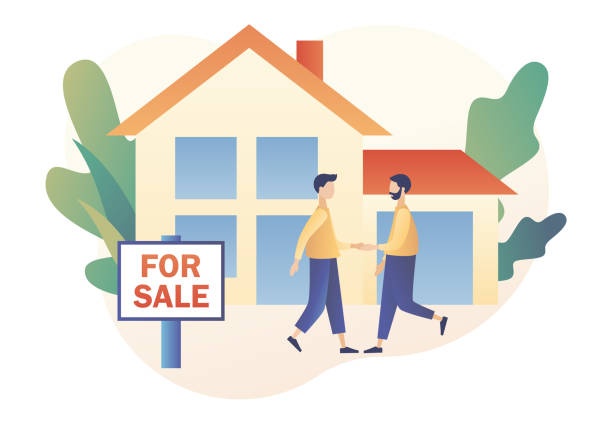 Real estate business concept with houses. House for sale. Tiny real estate agent or broker shaking hands with people buying house. Modern flat cartoon style. Vector illustration on white background Real estate business concept with houses. House for sale. Tiny real estate agent or broker shaking hands with people buying house. Modern flat cartoon style. Vector illustration house for sale by owner stock illustrations