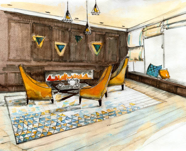 istock Hall interior with large window and hand drawn furniture. Watercolor illustration 1222548024