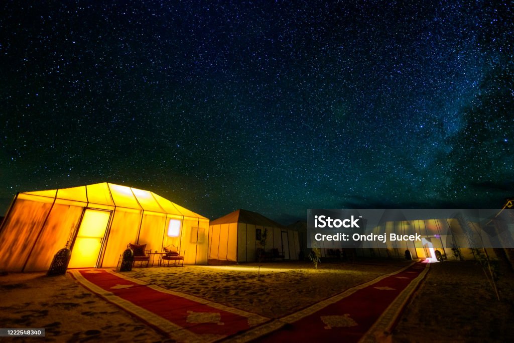 The Sahara: Earth's Largest Hot Desert A beautiful night full of stars on Sahara desert in Morocco. Merzouga Stock Photo