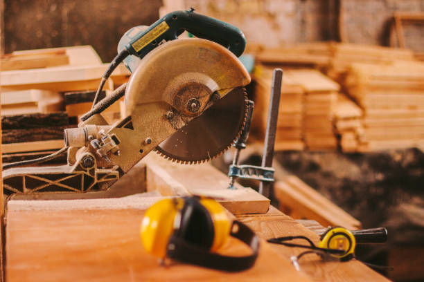 istock Joinery protective equipment at professional carpenter workplace 1222549223
