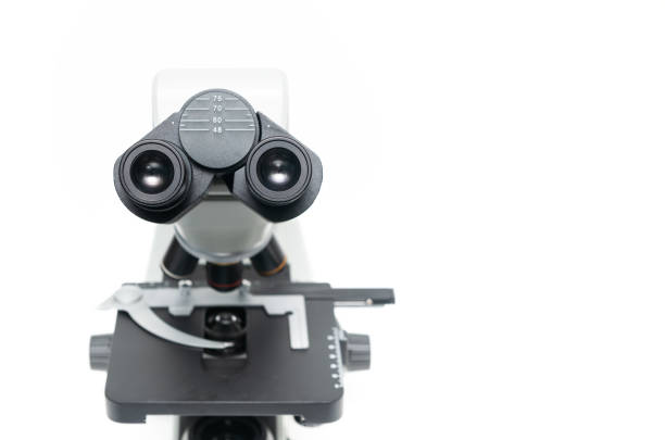 closed up of microscope isolated on white background, science and technology concept