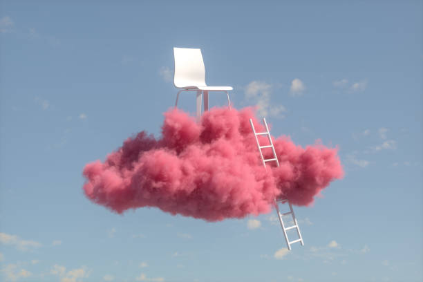 bulutta sandalye, bulutlara merdivenler, başarı merdiveni kavramı - kimse olmadan illüstrasyonlar stok fotoğraflar ve resimler