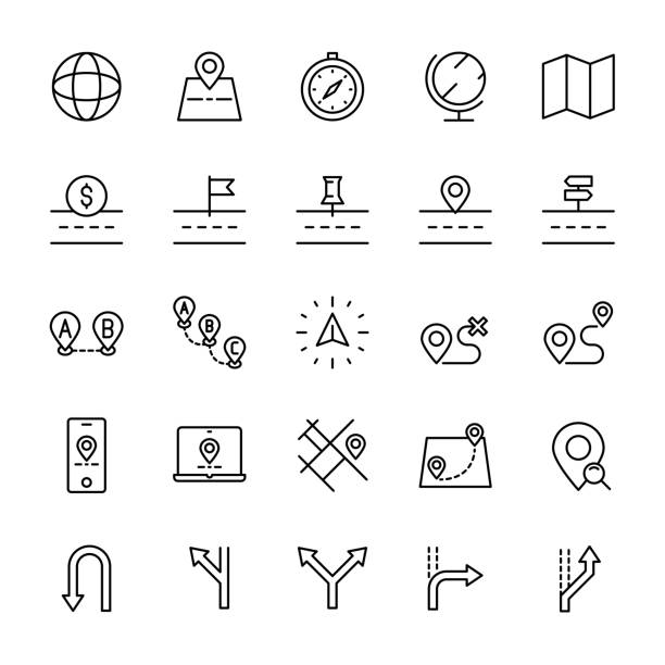 Map and navigation 25 line icons Map and navigation 25 line icons vector dividing line stock illustrations