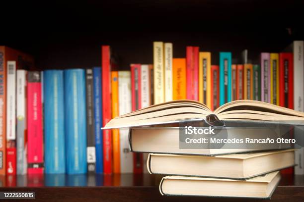 Row Of Books On A Shelf Multicolored Book Spines Stack In The Foreground Stock Photo - Download Image Now