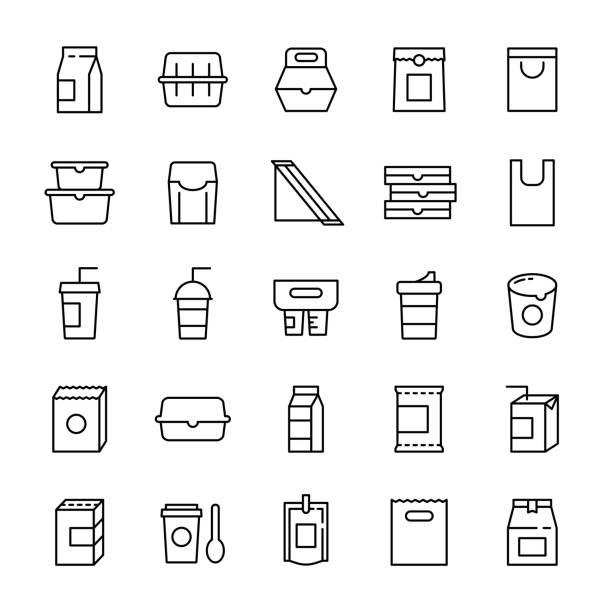 lebensmittelverpackungen und getränke 25-linien-symbole - lunch take out food bag paper bag stock-grafiken, -clipart, -cartoons und -symbole