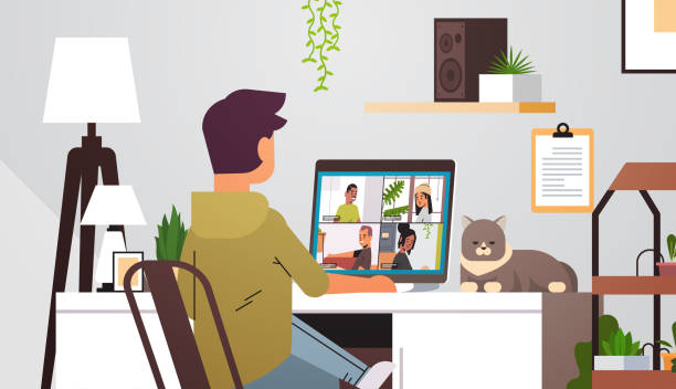 man meeting with mix race friends during video call Covid-19 pandemic coronavirus quarantine man meeting with mix race friends during video call coronavirus quarantine concept people having virtual fun live conference living room interior horizontal portrait vector illustration work from home stock illustrations
