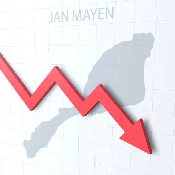 Vector illustration of Falling red arrow with the Jan Mayen map on the background