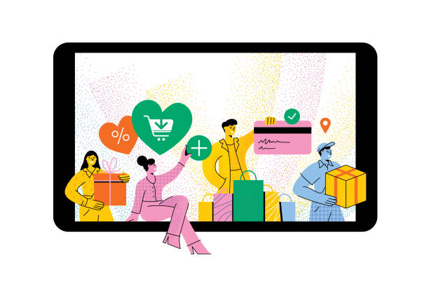 illustrazioni stock, clip art, cartoni animati e icone di tendenza di persone che fanno shopping online - ipad shopping gift retail