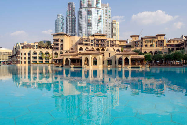 Souk al Bahar with waterfront mixed with modern glass towers. stock photo