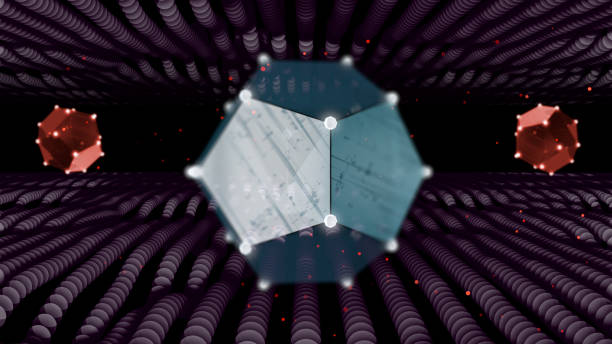 istock Three 3d render low poly figures covered with a white net of dots float over defocused tunnel background. 1222559359