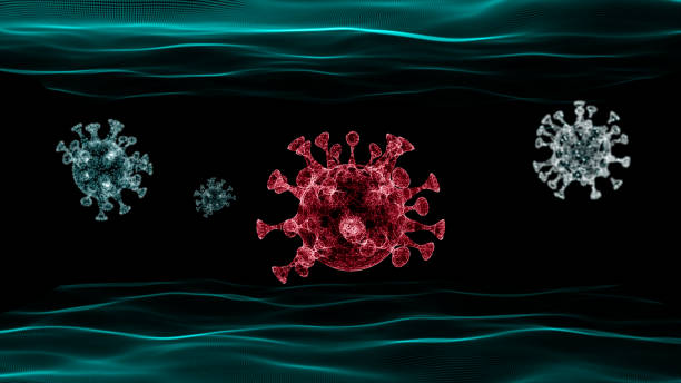 3d renderowania wizualizacji wirusa w badaniu na abstrakcyjne faliste tło. - bacterium virus magnifying glass green zdjęcia i obrazy z banku zdjęć