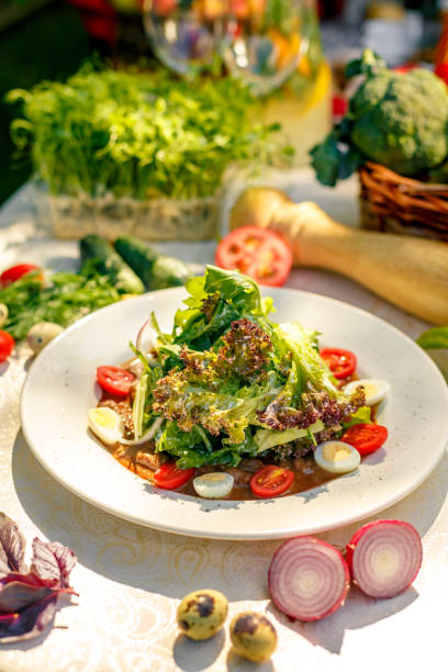istock salad with fresh vegetables and meat, with lettuce 1222559469