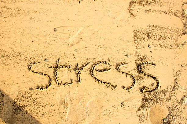 istock Sand writing done with word stress written on sand at a beach 1222560487