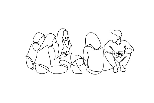 Group of young people sitting on ground together and talking. Continuous line art drawing style. Minimalist black linear sketch on white background. Vector illustration