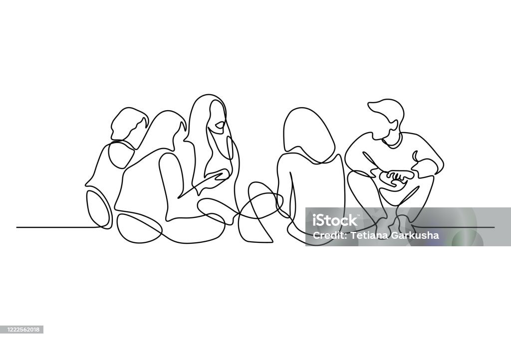 Group of friends rest and communicate Group of young people sitting on ground together and talking. Continuous line art drawing style. Minimalist black linear sketch on white background. Vector illustration Line Art stock vector